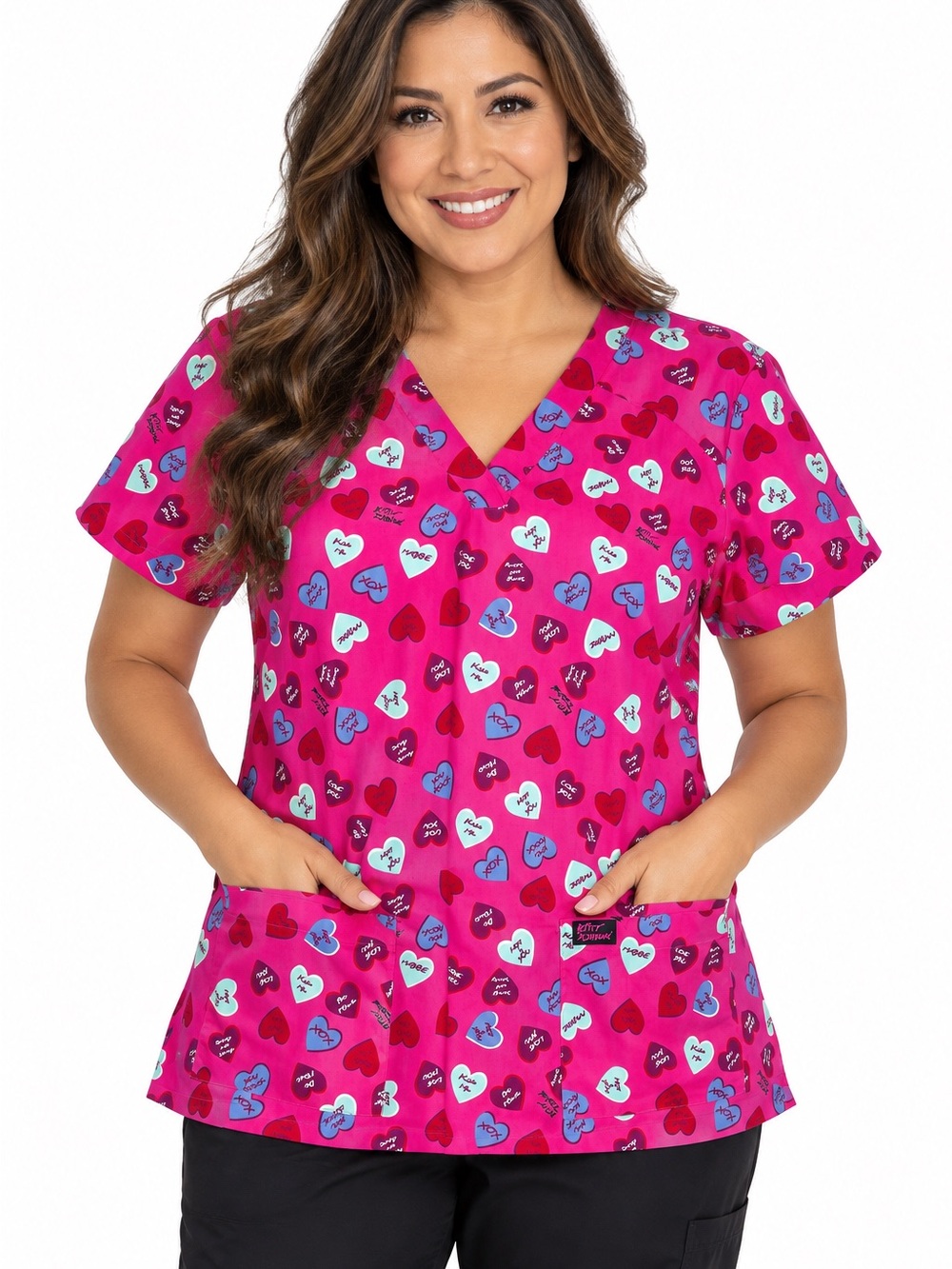 Betsey Johnson Scrub Top Size L Pink Sweet Candy Heart Print NWT